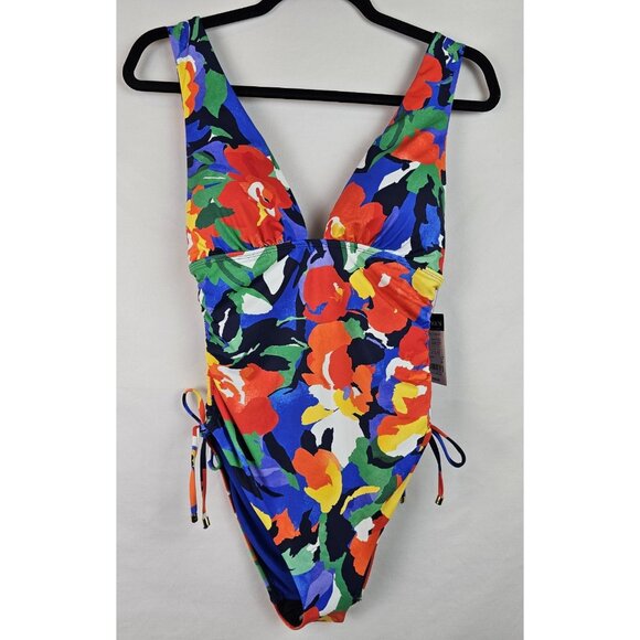 Lauren Ralph Lauren Womens One Piece Swimsuit Size 6 Floral Plunge Swimsuit Swim - Picture 1 of 13